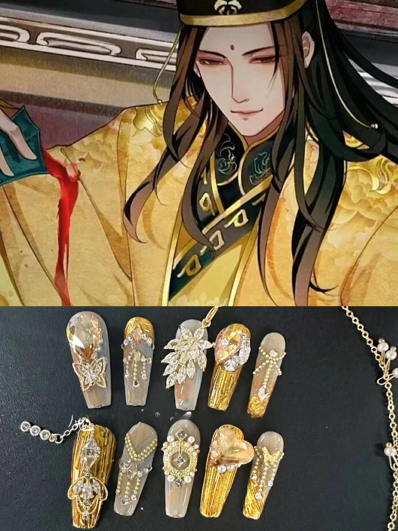 

Mo Dao Zu Shi MDZS Jin Guangyao Merch Fake Nails Golden Rhinestone Butterfly Hand Made Concept Full Nail Tips Luxury False Nails