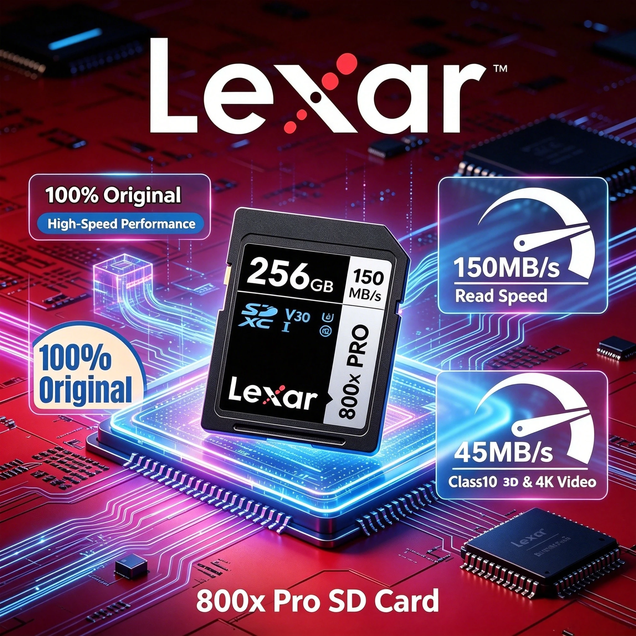 Carte SD Lexar 800X Pro : UHS-I Classe 10 V30, vitesse de lecture de 150 Mo/s, prend en charge la vidéo 4K, disponible de 32 Go à 256 Go, idéale pour les appareils photo professionnels