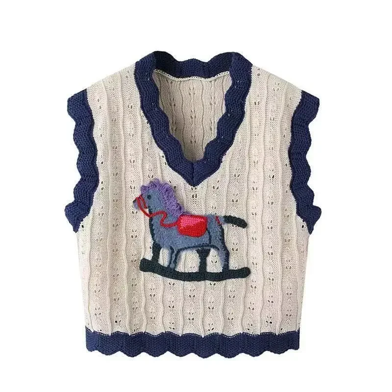 

Japanese Kawaii Cute Knitted Vest Women Embroidery V Neck Sleeveless Sweater Tops New Vintage Fashion Casual Chic Knit Outerwear