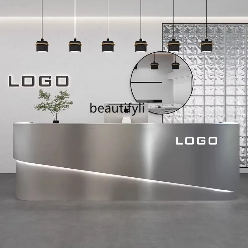 Stainless steel bar counter light luxury clothing store checkout page beauty salon reception desk curved front desk