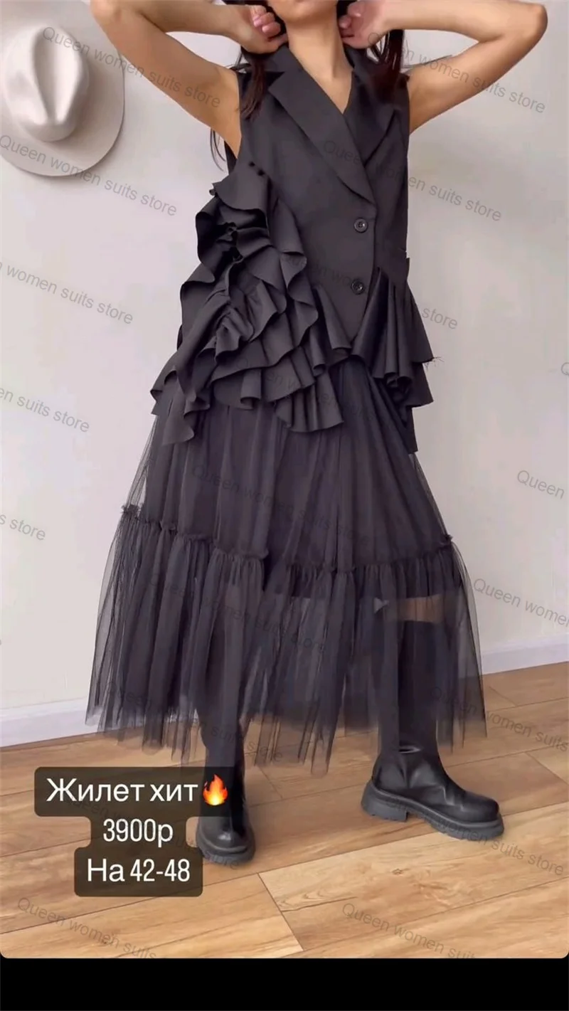 

Black Women Suit Skirt Vest 3D Flower Ruffles Prom Dress Business Formal Office Lady Jacket Cotton Wedding Overcoat Customized