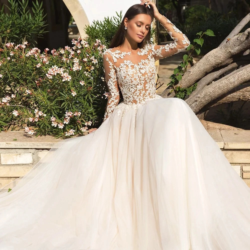 

Vintage Boho Wedding Dresses For Women's Elegance 2023 Beach Princess A-Line Long Sleeves Illusion Bodices Country Bridal Gowns