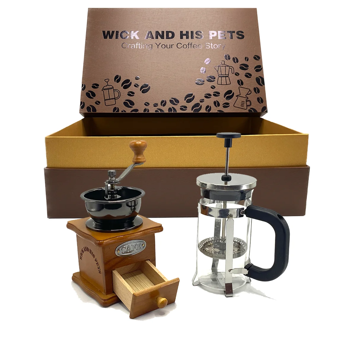 

Crafted Elegance: Cranked Vintage Wooden Coffee Grinder & French Press Pot by WICK AND HIS PETS – Elevate Your Coffee Experience