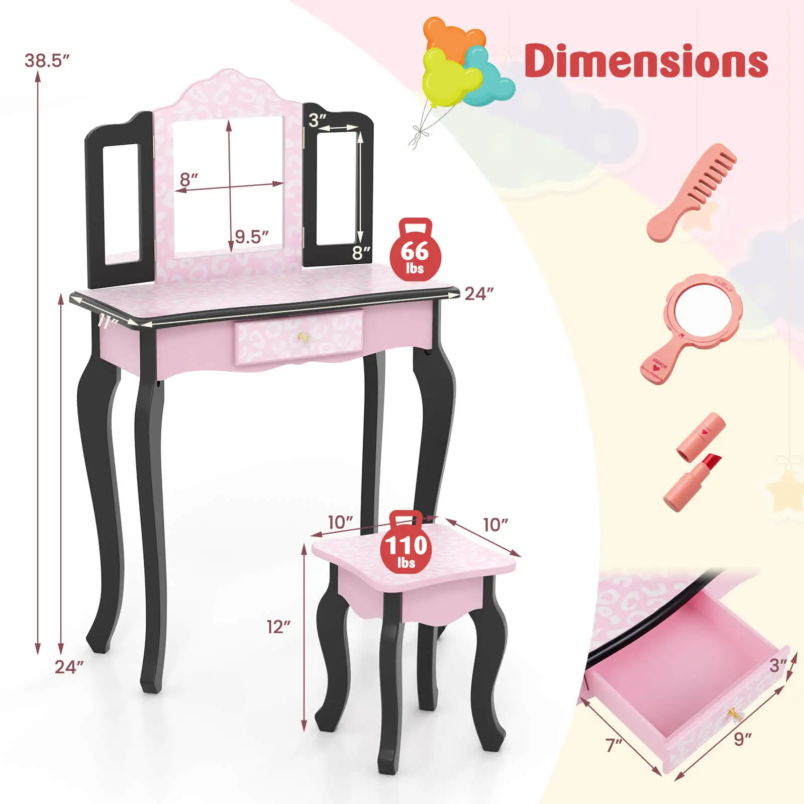 Kids Vanity Set Toddler Makeup Table & Stool w/ Tri-folding Mirror Drawer