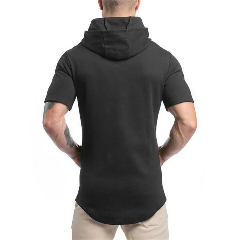 Brand Hooded Gym Fitness Clothing Mens Bodybuilding Sport Fashion Hip Hop T-Shirt Cotton Breathable Short Sleeve Muscle Hoodie