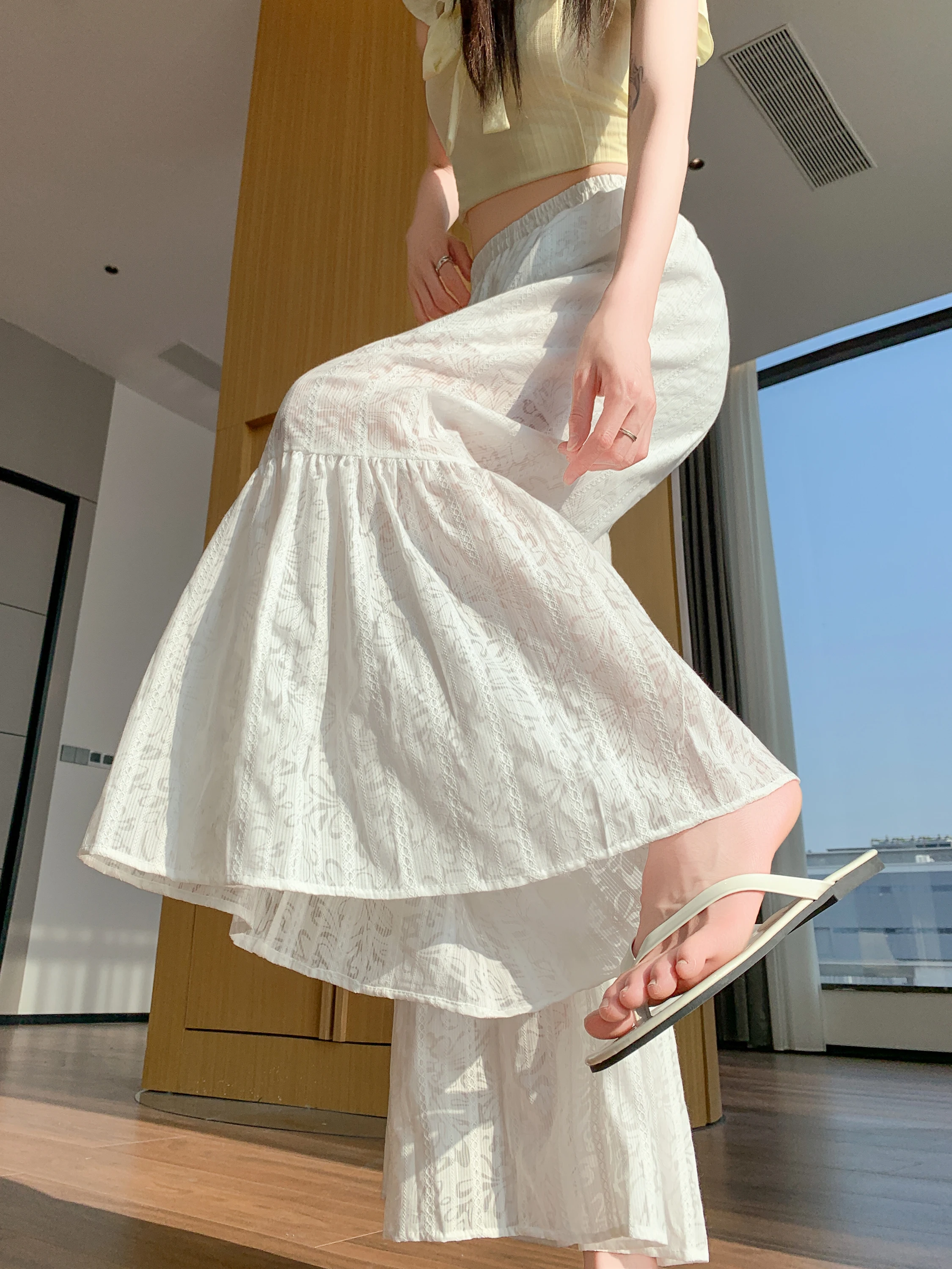 

High Waist Slimming Casual Lace Embroidery Patchwork Micro Flared Pants Women Summer 2026 New Style Hollow out Commute Wind