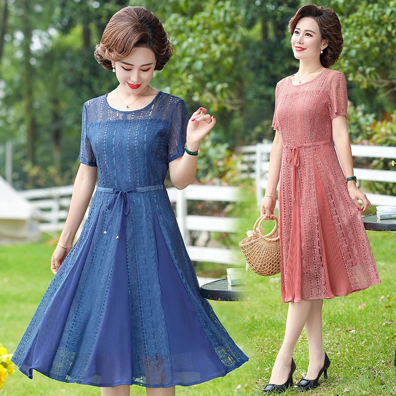 Middle-aged Mother Summer Fashion Lace Dress 2022 New middle-aged Elderly Women's Clothing Summer Short-sleeved Dress bd458