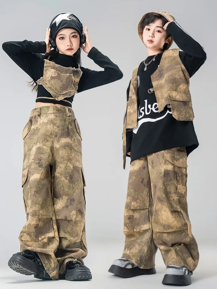 Kid Cool Hip Hop Clothing Star Crop Tank Desert Camouflage Vest Casual Wide Cargo Pants for Girl Boy Jazz Dance Costumes Clothes