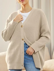 Women's V-Neck Knitwear Cardigan Jumper Solid Color Simple Versatile Autumn Winter New Style Button Detail Knitted Sweater