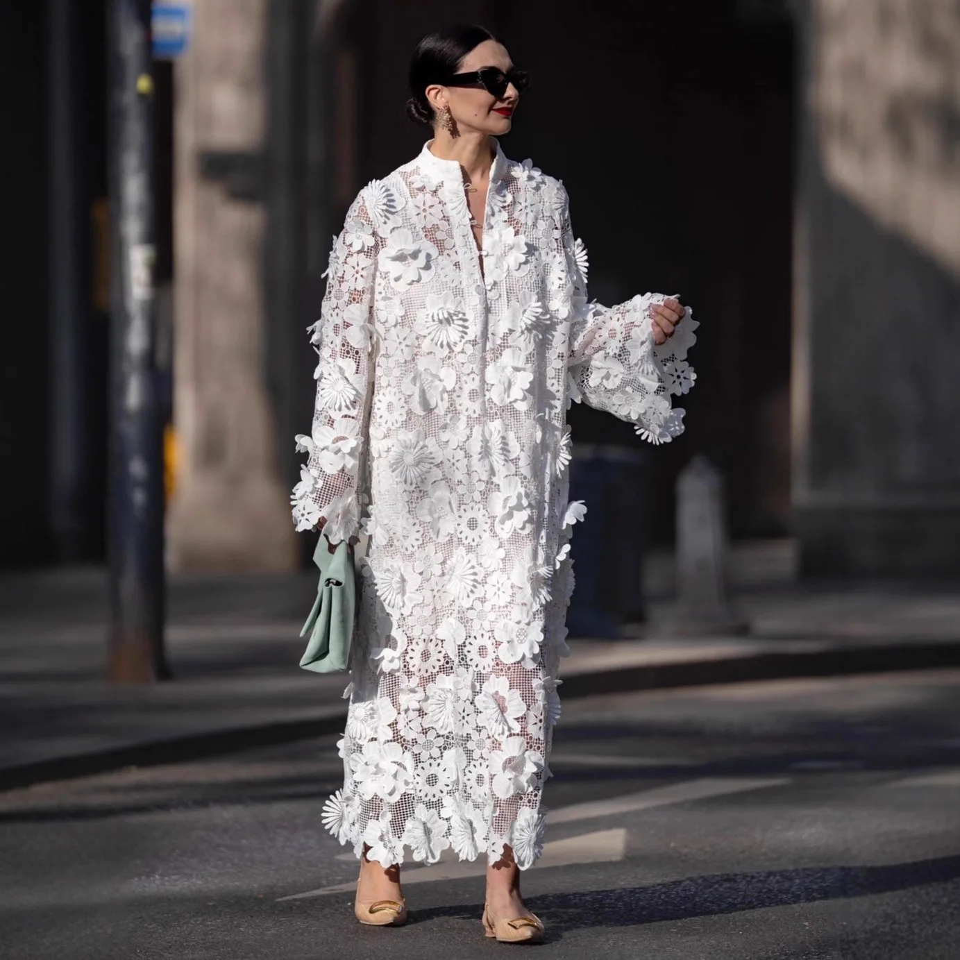 

Sexy Women Hollow Out Loose Shirt Dress Elegant Y2K 3D Floral Long Sleeve Single Breasted Embroidery Vacation A-line Dress