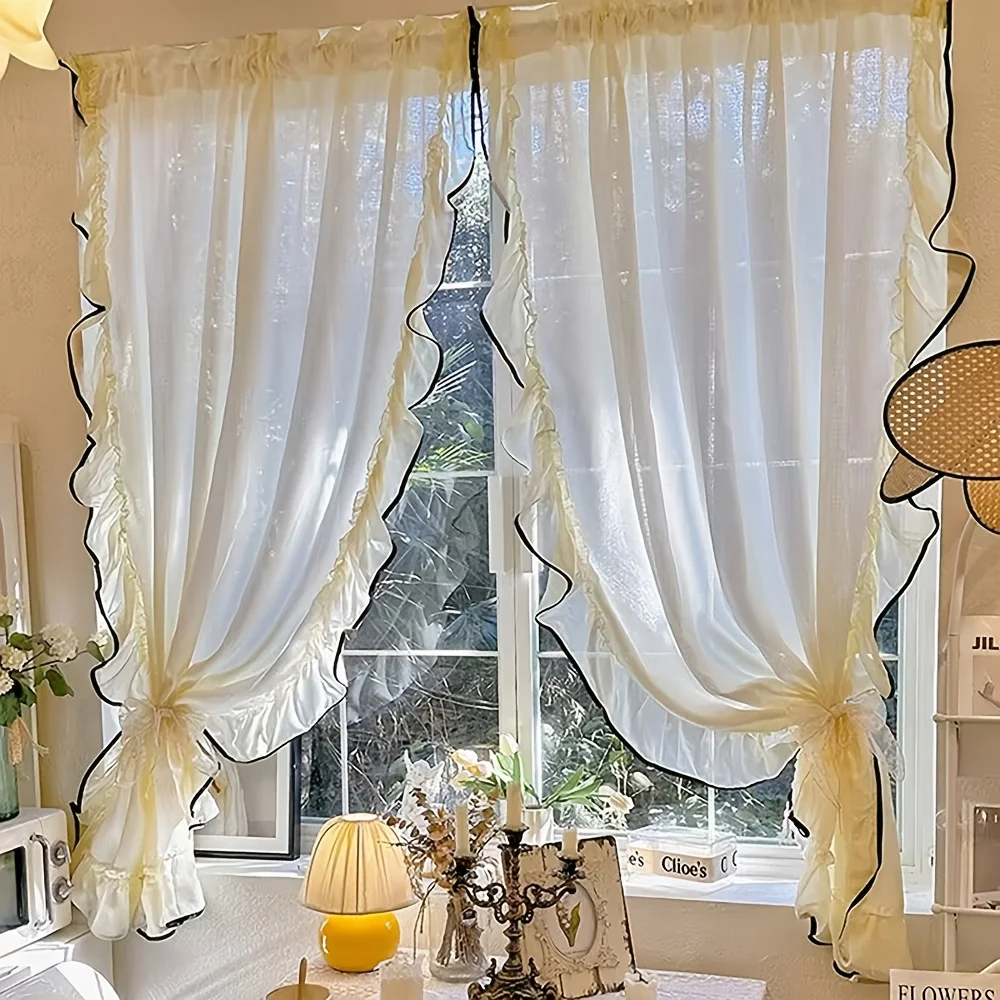 Cream French Vintage Style Balcony Living Room Sheer Curtain, Half-Transparent Ruffled Edge Drapes, Home Decor Romantic Rod Curt