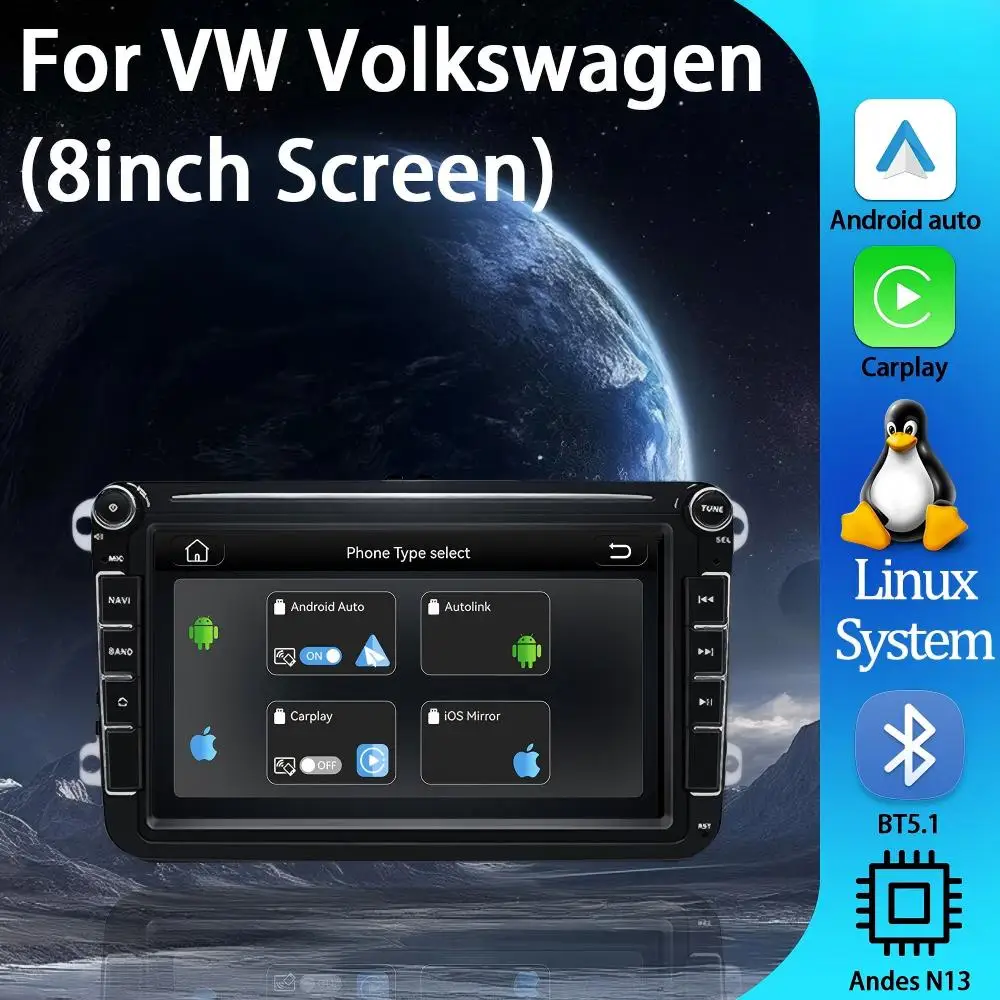 

Для Volkswagen VW Polo Golf Passat: 8-дюймовый сенсорный экран, смарт-магнитола на Linux с Android Auto и CarPlay, мультимедийный плеер с Bluetooth