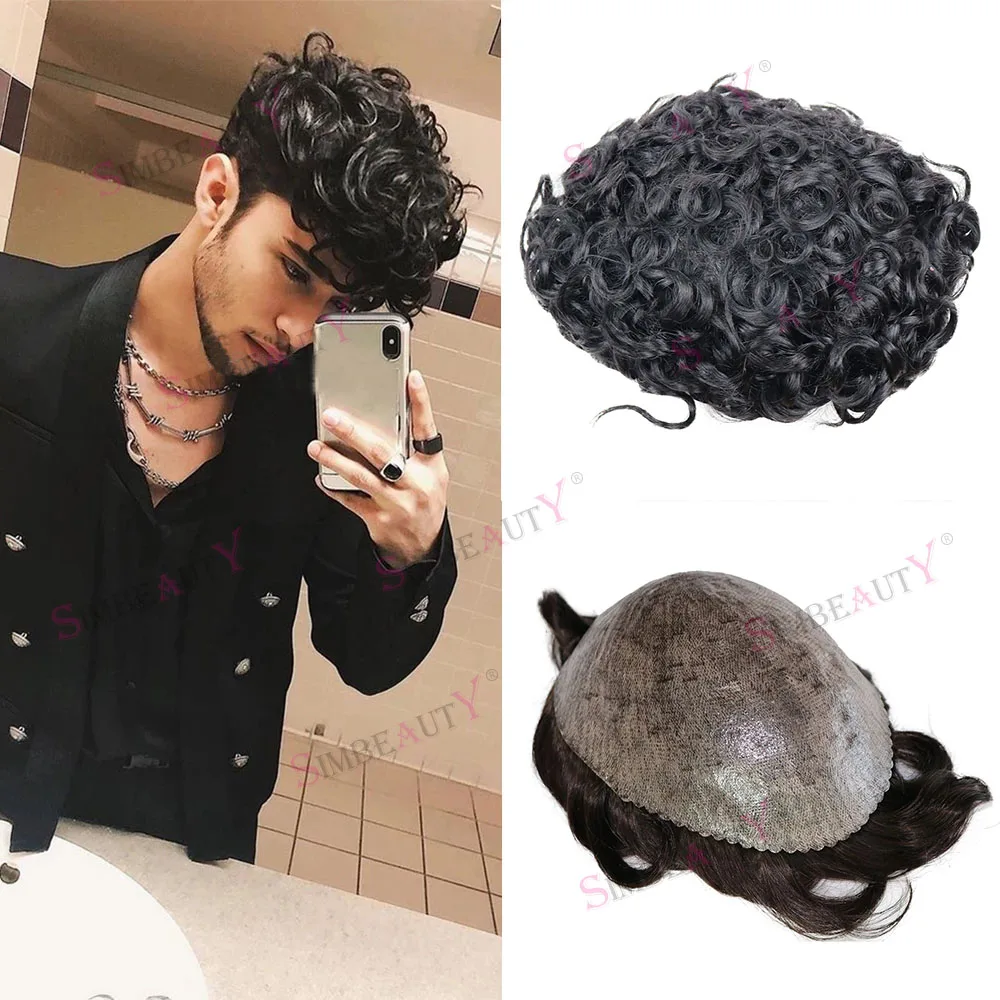 Wig rambut manusia keriting pria 22mm hitam Super tahan lama Wig rambut manusia kulit PU penuh prostesis kapiler alami garis depan