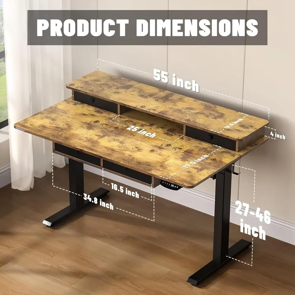 Office Desk Adjustable Height with 4 Drawers, Double Storage Shelves Stand Up, Up To 176 Lbs, Standing Widened Office Table