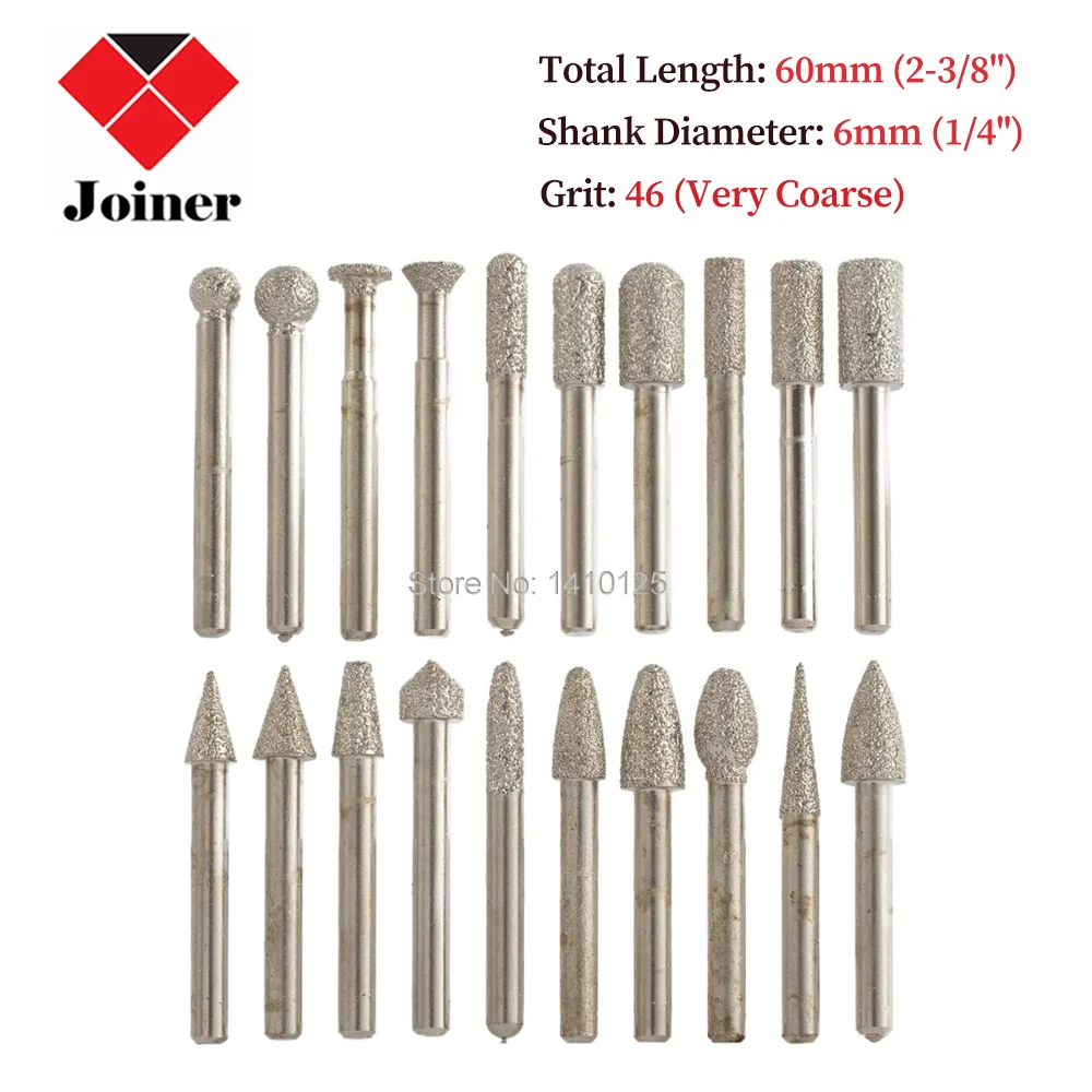 20 قطعة مجموعة رأس مطحنة الماس BRAZED نتوءات دوارة جلخ جواهري أدوات نحت عرقوب 6 مللي متر 1/4 "حصى 46 خشن جدا للحجر