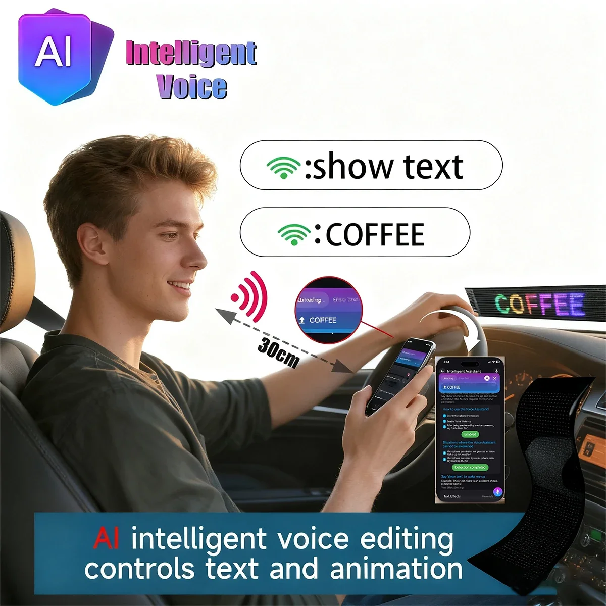 AI Voice Function LED Matrix Pixel Panel Light APP USB DIY Programmable Scrolling Text Advertising Sign Screen for Car Display