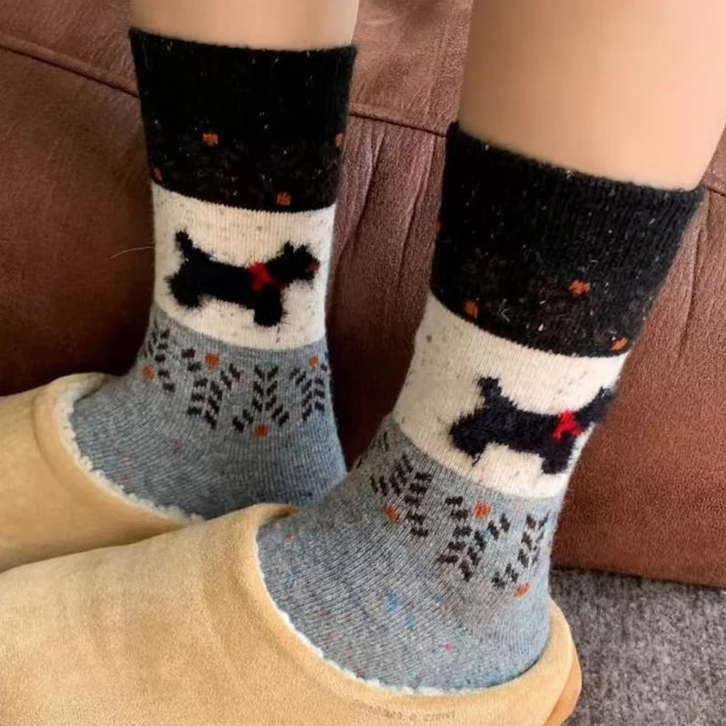 

Autumn Winter Warm Socks Women Plush Cozy Socks Cute Cartoon Dog Pattern Mid-tube Socks Breathable Comfortable Casual Home Sock