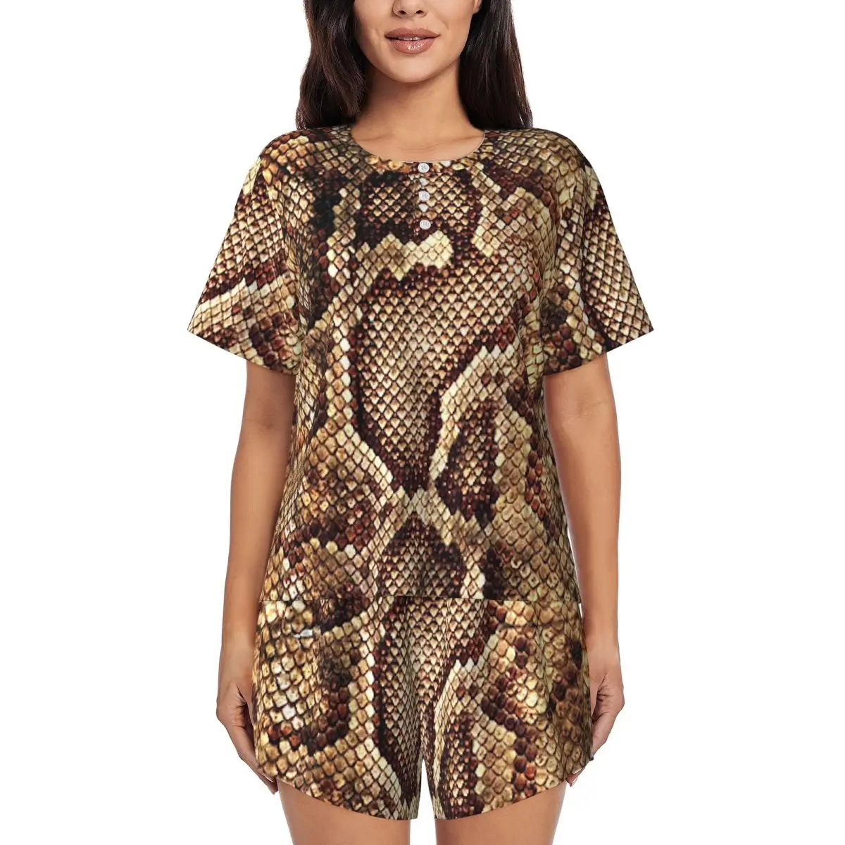 

Коричневые пижамы из змеиной кожи, женские винтажные принты, забавный домашний костюм, повседневные пижамные комплекты с короткими рукавами и круглым вырезом на заказ