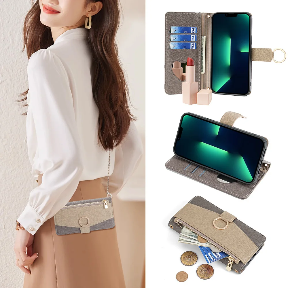 

Zipper Wallet Case for Huawei Pura 70 Pro Plus P60 P50E P50 P40 P30 Metal Chain Crossbody Leather Ring Make Up Mirror Flip Cover