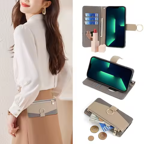 Zipper Wallet Case for Huawei Pura 70 Pro Plus P60 P50E P50 P40 P30 Metal Chain Crossbody Leather Ring Make Up Mirror Flip Cover