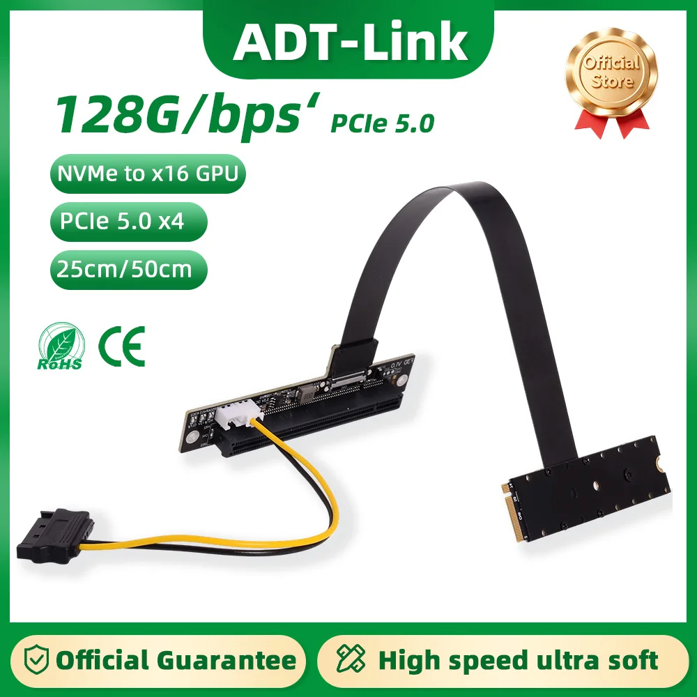 

ADT-Link PCIe 5.0 M.2 NGFF NVMe Adapter x16 Graphics Card Extension Cable FFC High-Speed Ultra Soft low Loss Riser Adapter