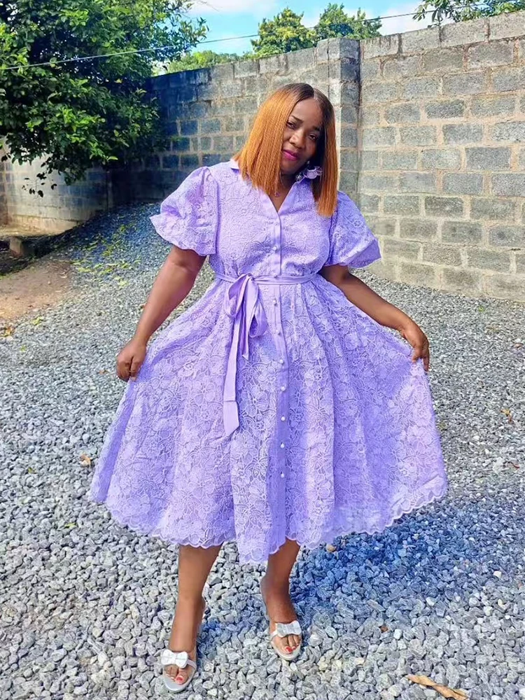 レトロ刺繍カットアウトレースアップウエストシェイプ半袖ワンピース 2025 夏 レディース シャツワンピース ゆったり パフスリーブワンピース