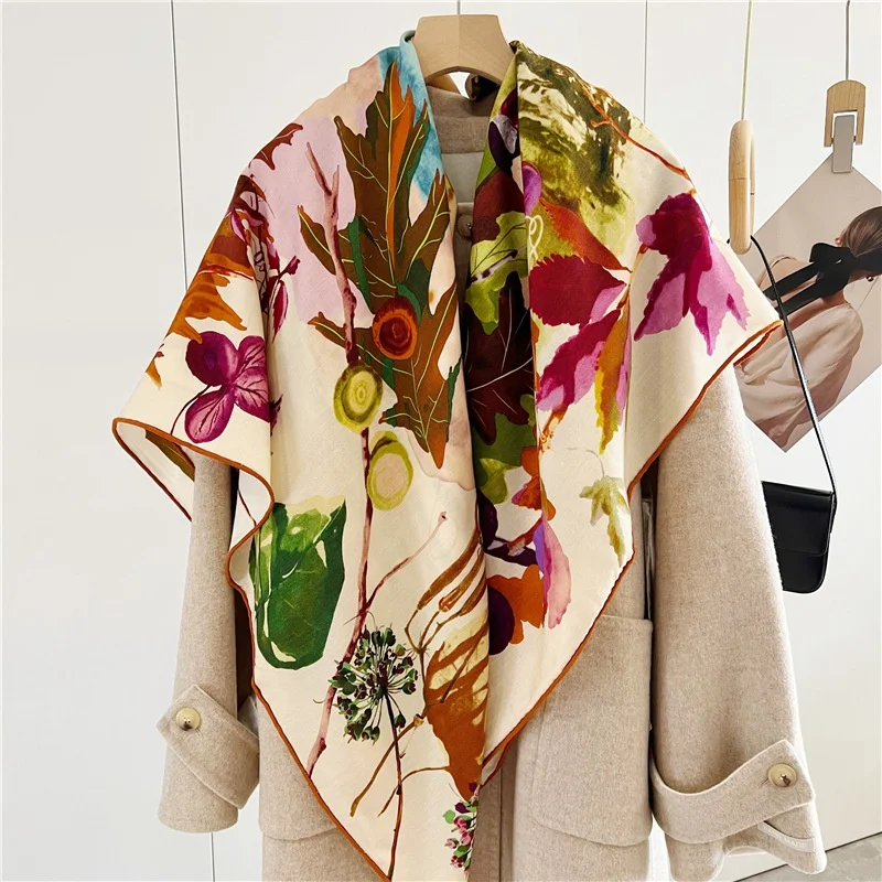 Wool Blanket Scarf Shawl Large Square Pashmina Scarves Wraps Cape for Women Winter Warm Scarves 130*130cm “Autumn Leaves \