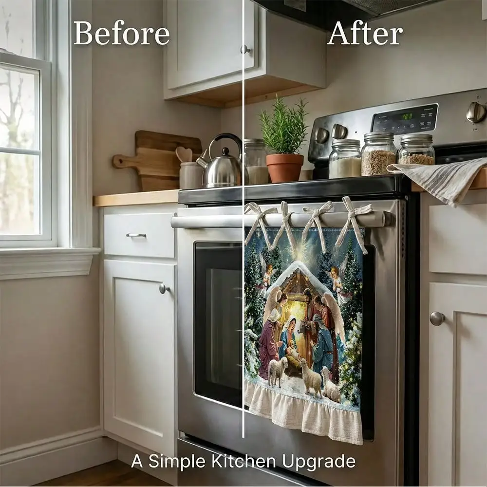 2D Religious Nativity Scene Pattern Multifunctional Decorative Curtain, Suitable Kitchen Valance, Oven Cover, Washing, Dishwasher, Bathroom Window Treatment, And Kitchen Decor, Kitchen Apron