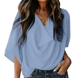 Jocoo Jolee Women Pullover Elegant Blouse Chiffon Flare Sleeve V-Neck Solid Pleated Loose Summer Office Lady Casual Basic Shirt