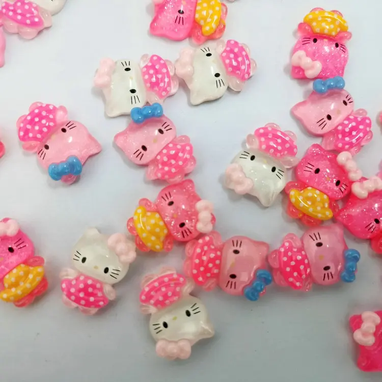 10Pcs Sanrio Pink Bow Transparent Hello Kitty Nail Charms Accessories Cartoon Resin Flatback DIY Jewelry Decoration