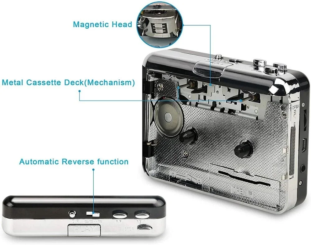 Reproductor de Cassette multiusos, convertidor de Cassette MP3/CD, Walkman, USB, reverso automático, cinta, micrófono incorporado