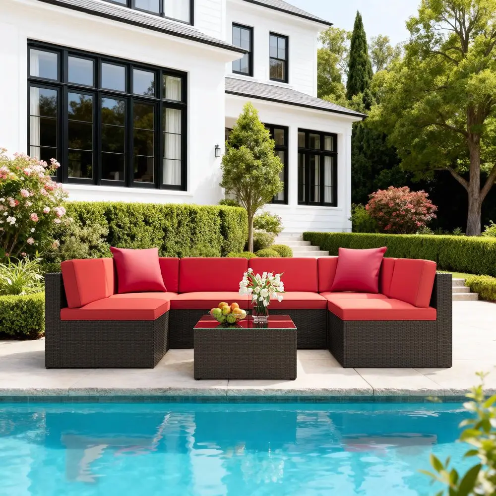 

7Piece Outdoor Patio Furniture Set, AllWeather PE Rattan Sectional Sofa with Glass Coffee Table amp Modular Seating for Garden,