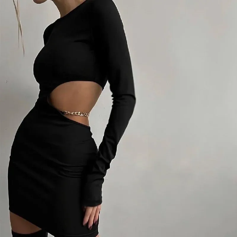 

Dress for Women Autumn and Winter 2024 Sexy Waist Hollowed Out Metal Chain Splicing Fashionable Slim Fit Long Sleeved