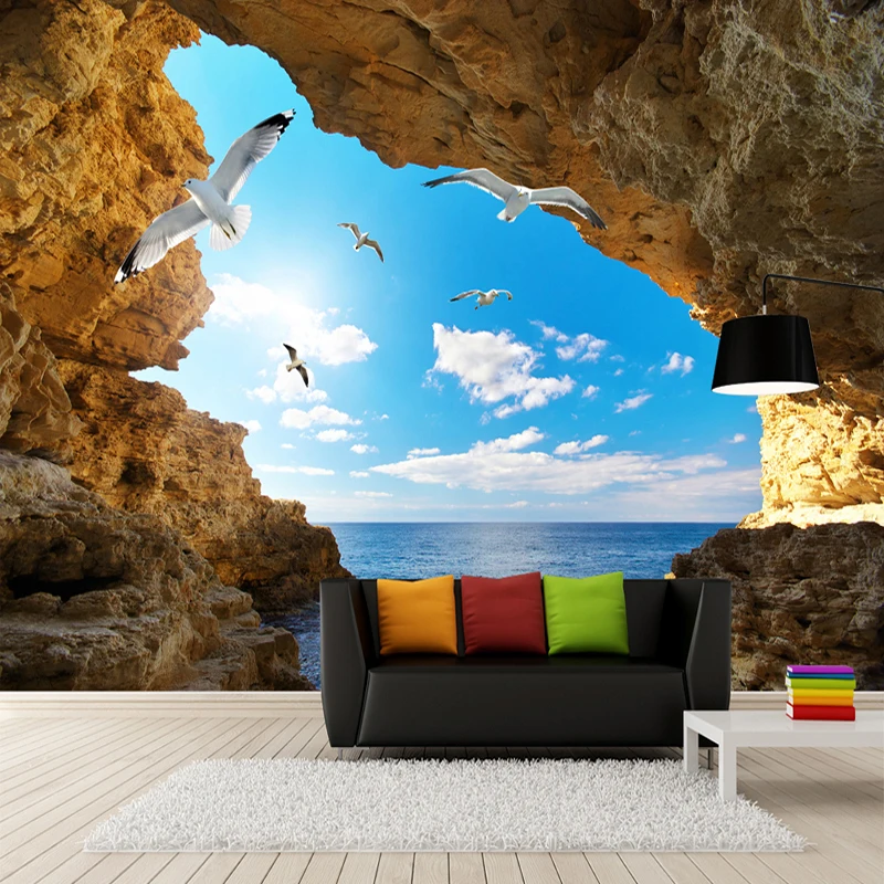 

Custom Photo Mural Wall Paper 3D Sea Island Cave Blue Sky White Clouds Seagulls Large Murals Wallpaper Living Room Bedroom Decor