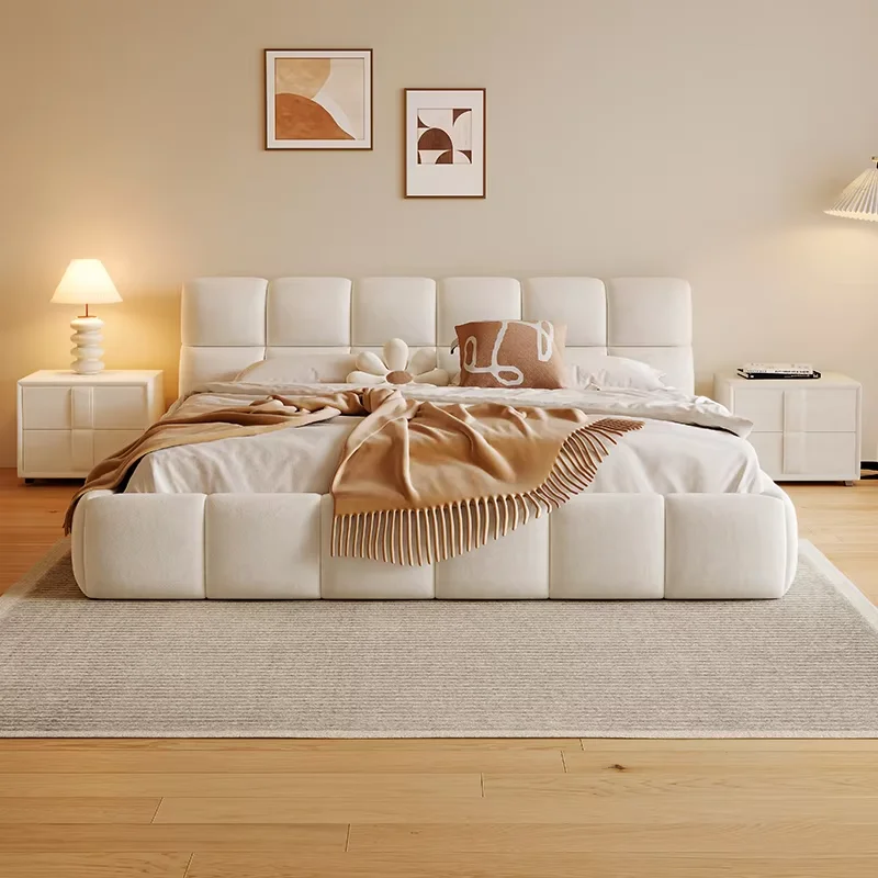 Wooden Beige Plush Double Bed Simple Cheap Soft White Modern Double Beds Camping Space Saving Letto Matrimonile Bedroom Stuff