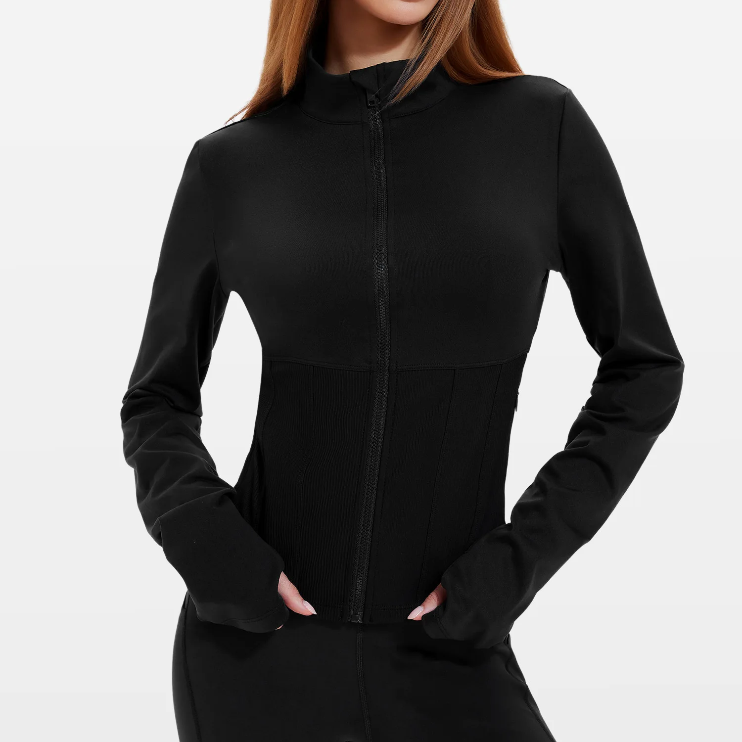 

Women Slim Full Zip Workout Jacket Long Sleeve Yoga Top Thumb Holes Lightweight Running Coat Pockets Outdoor Gym Windproof