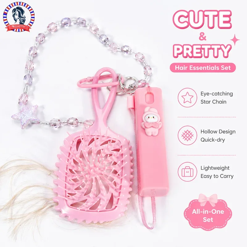 Portable Kawaii Mini Massage Comb Set Cartoon Spray Bottle with Star Beaded Lanyard Y2K Cute Bag Pendant Travel Hair Care Tools