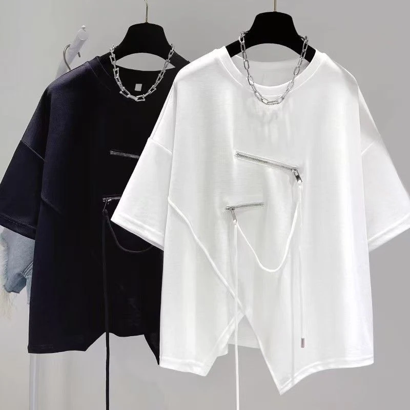 

2026 Summer New Irregular Hem Zipper Decor T-Shirt Men Women Y2K Streetwear Asymmetric Split Casual Oversized Short Sleeve Tops