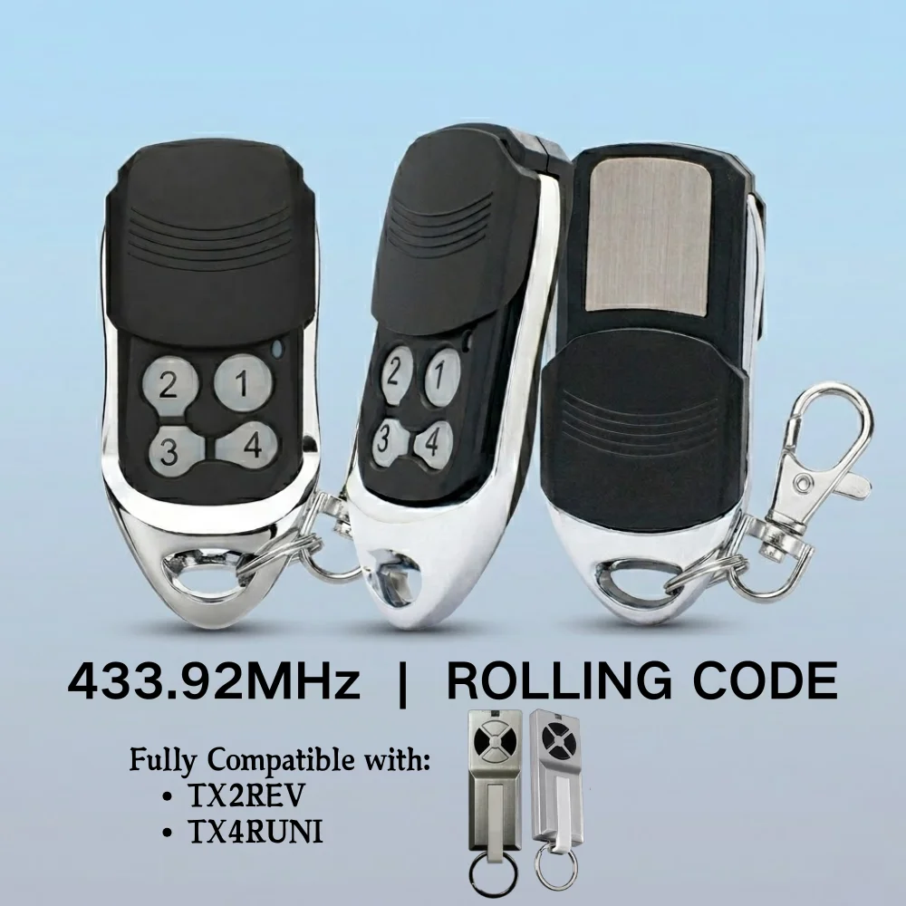 

1-10pcs Garage Door Remote Control Compatible TX2REV / TX4RUNI 433.92MHz Rolling Code 4 Button Keychain Transmitter
