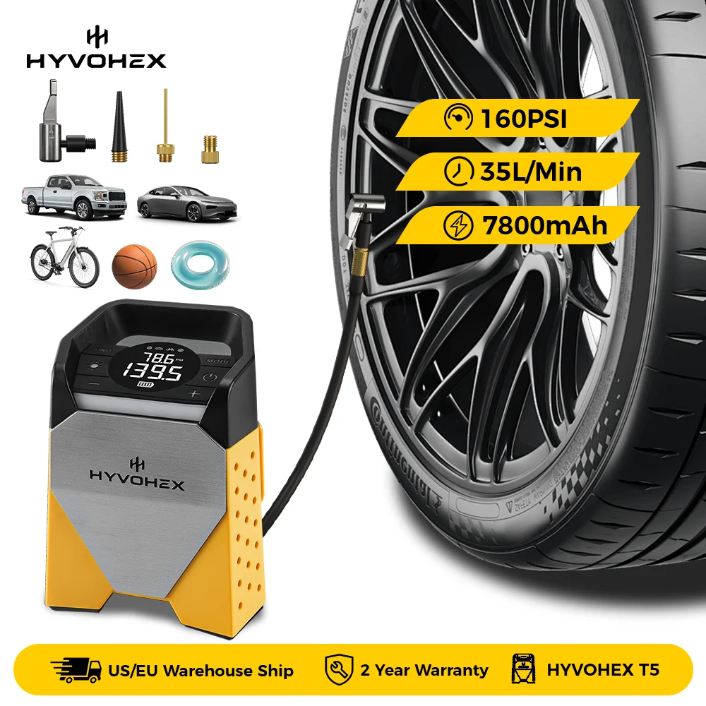 

Портативный воздушный компрессор для накачивания шин HYVOHEX T5, быстрая накачка на 1 минуту и 100% рабочий цикл, воздушный насос 160 фунтов на квадратный дюйм для автомобилей