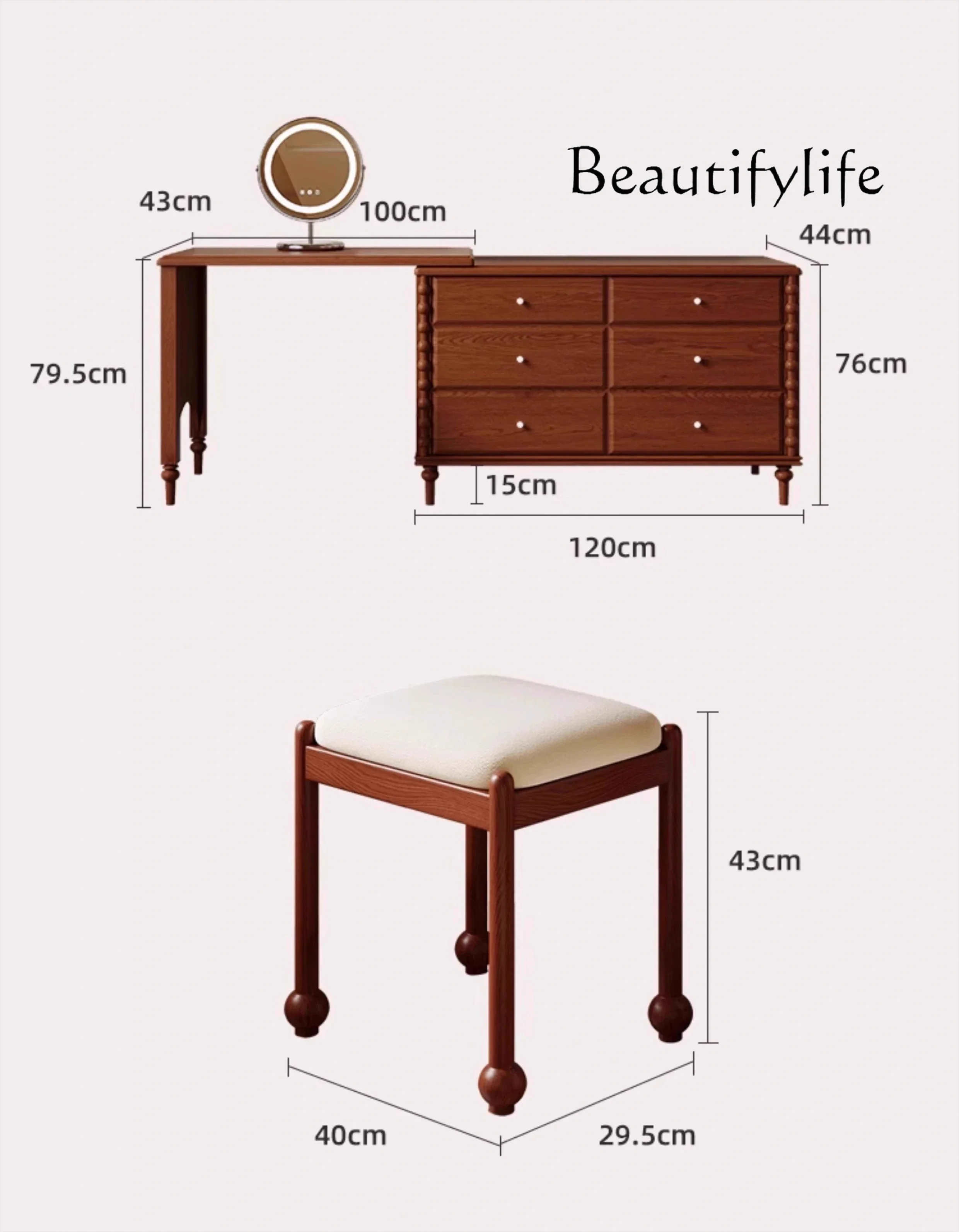 X French Medieval Style All Solid Wood Dresser Chest Cabinet Integrated Retractable Corner Makeup Table