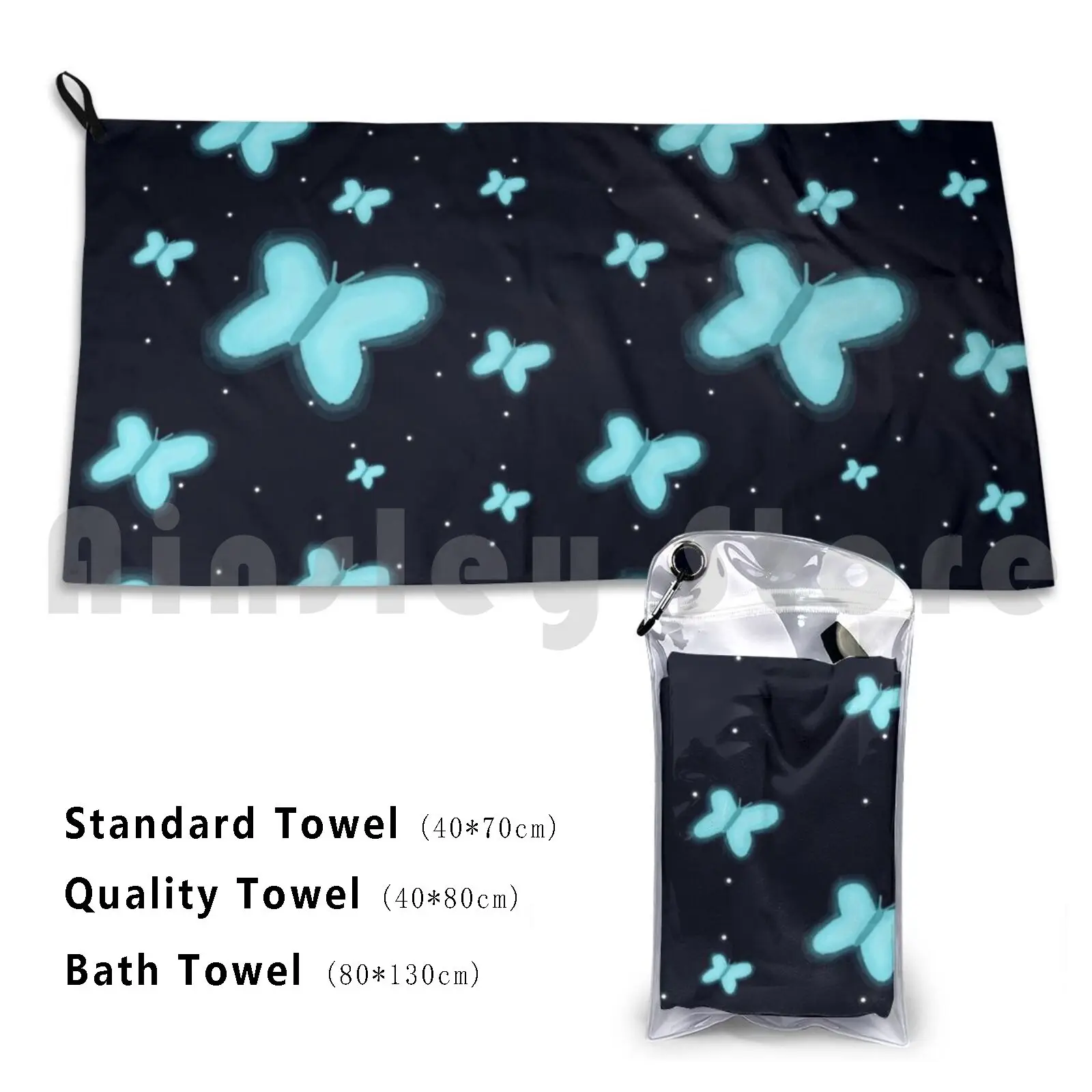 Glowing Butterflies Custom Towel Bath Towel Butterflies Night Sky Glow In The Dark Lights Blue Cartoon