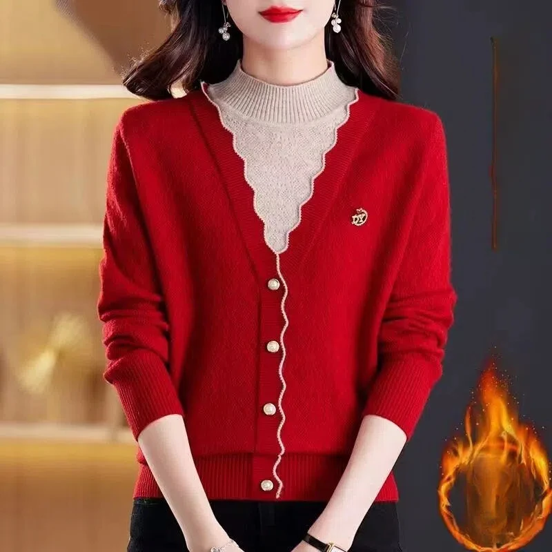 Women's Autumn Winter Fake Two Pieces Lantern Long Sleeve Button Half High Collar Sweater Knitted Pullover Contrast Color Tops