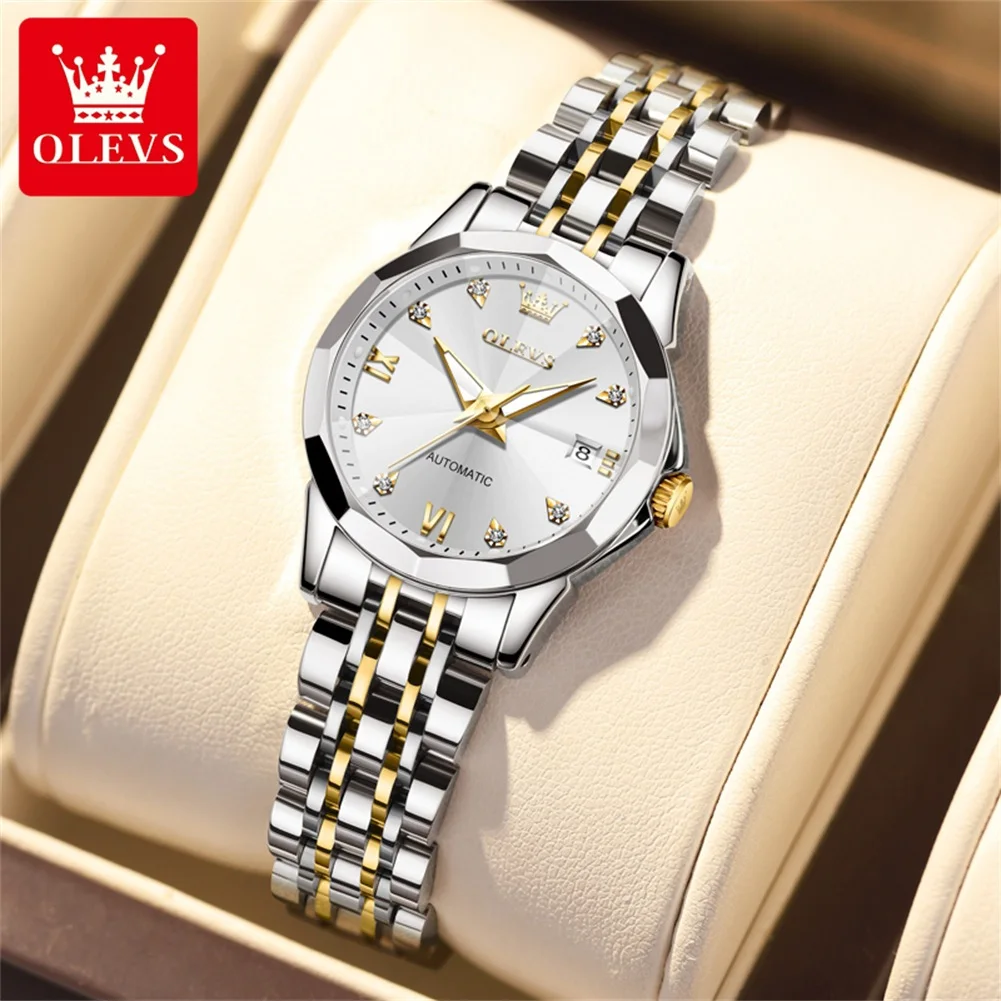 

OLEVS Business Stainless Steel Women Mechanical Watches Luxury Stereoscopic Glass Automatic Movement Waterproof Watch for Ladies