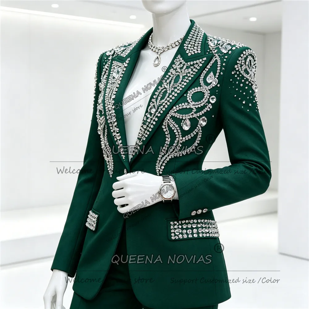 Luxury Rhinestone Beaded Suit Women 2 Piece Sets Single Breasted Prom Blazer Pants Customized Lady Business Tuxedo Female Outfit