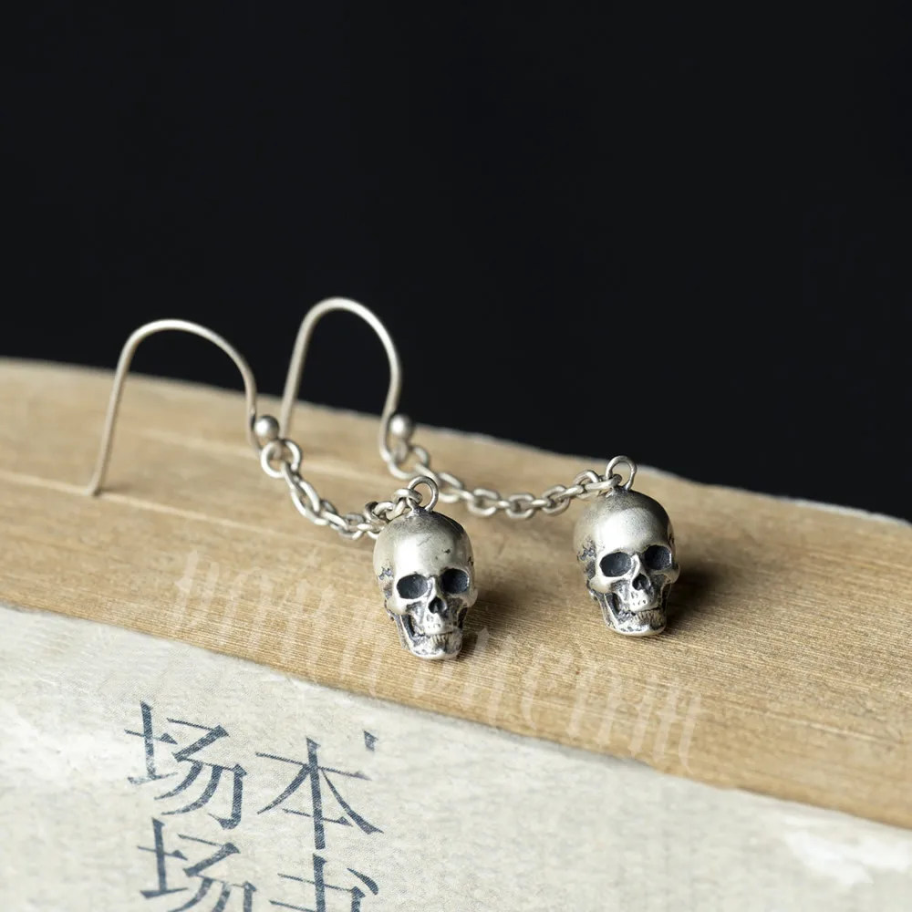 

925 Sterling Silver Skull Earrings Vintage Halloween Skeleton Dangle Punk Style Jewelry Accessories Solid 100%