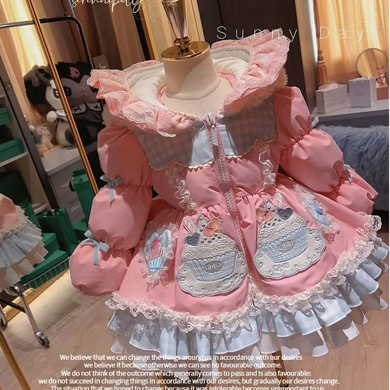 Childrens Cotton Clothes Winter Girls Solid color Princess Party Cute Hooded Jacket Long Coat Warm Thicken Kids Outerwear Snow c