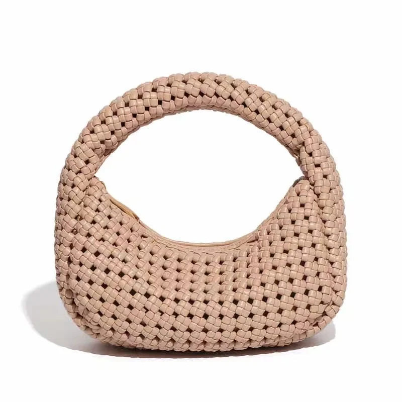 High Quality Textured Leather Hobo Bag Woven Knotted Handmade Hollow Out Handbag Lady Purse Women Shoulder Bag Female Casual Bag