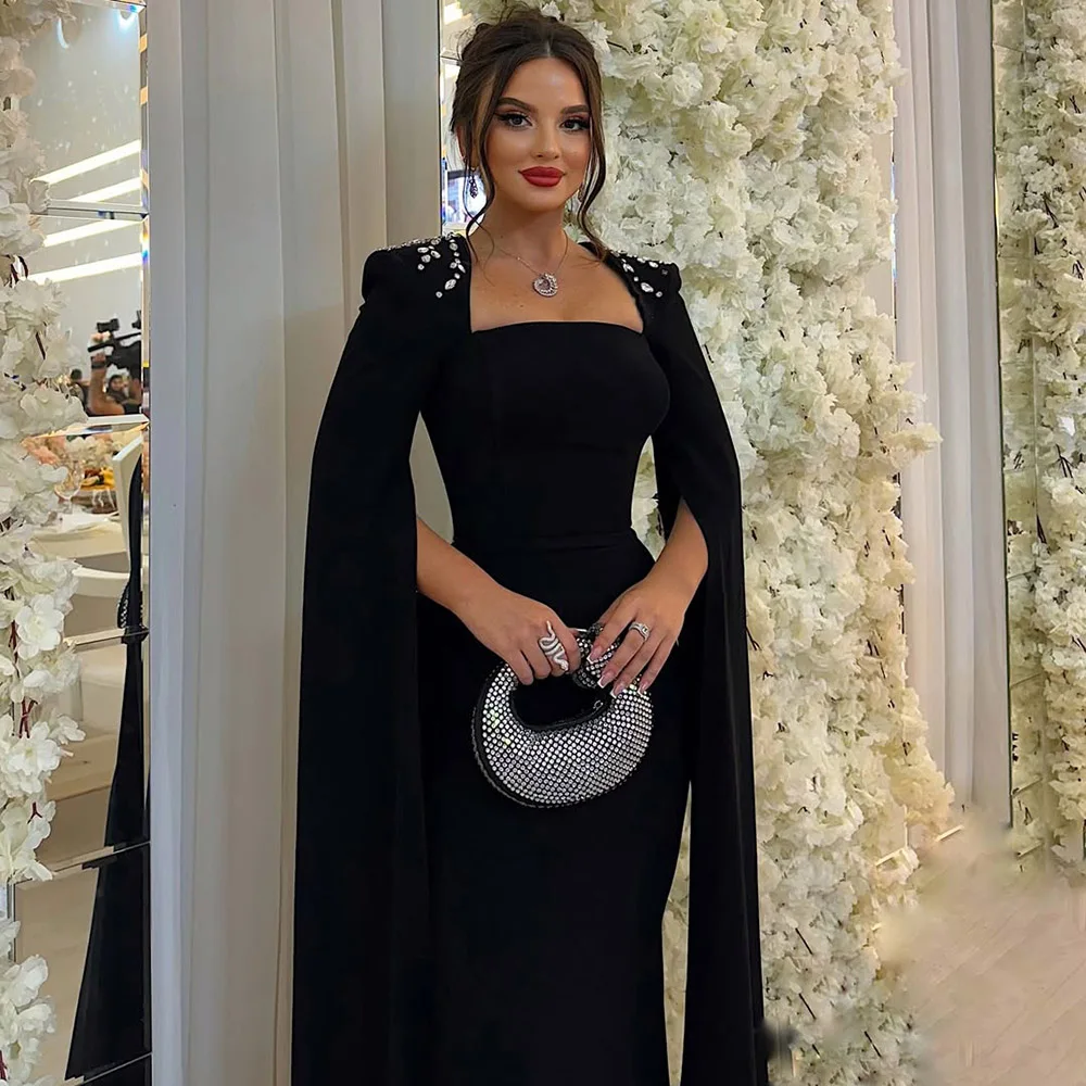 Luxury Black Dubai Abraic Evening Dress with Long Cape Sleeves for Women 2025 Beads Formal Prom Wedding Party Gowns Customize