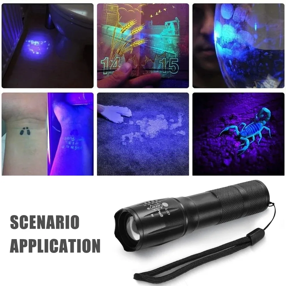 Torcia a doppia lampada bianca ultravioletta Torcia con zoom retrattile a LED Lampada per rilevamento di scorpioni per urina di animali domestici